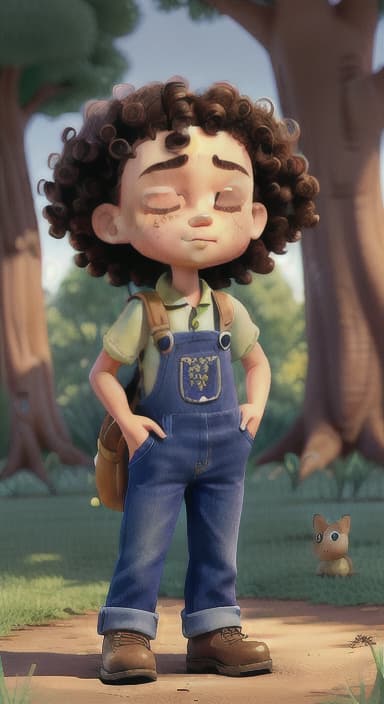  {Riley standing under the tree with eyes closed, making the wish., Riley, a curious with big brown eyes and curly hair, wearing overalls and carrying a small backpack. Their friend, Skye, a bluebird with shiny feathers.