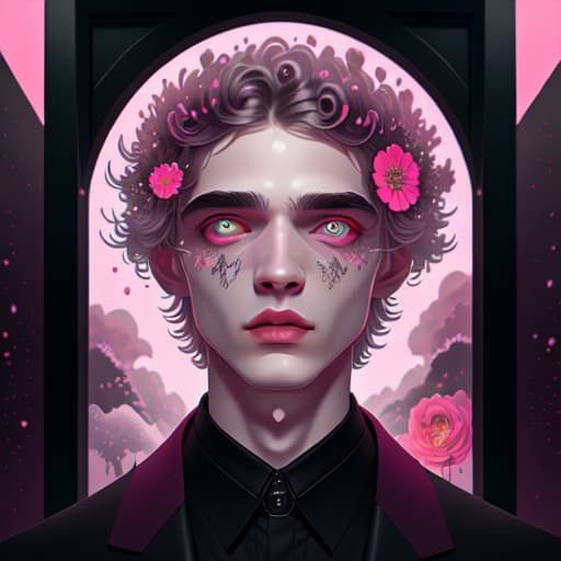 in OliDisco style open black door. men in black. light flowers. big pink clouds. winter. over-detailed face and eyes and lips and nose and body and skin and pupils and irises