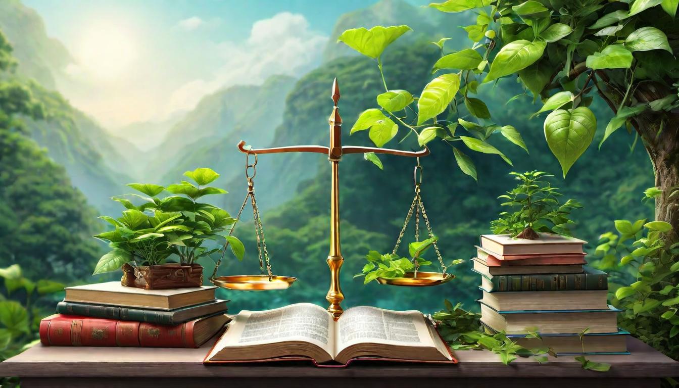  digital illustration, Balanced scales with plants on one side and books on the other, harmony, balance between knowledge and nature, looking at viewer, dynamic pose, (intricate details, masterpiece, best quality)