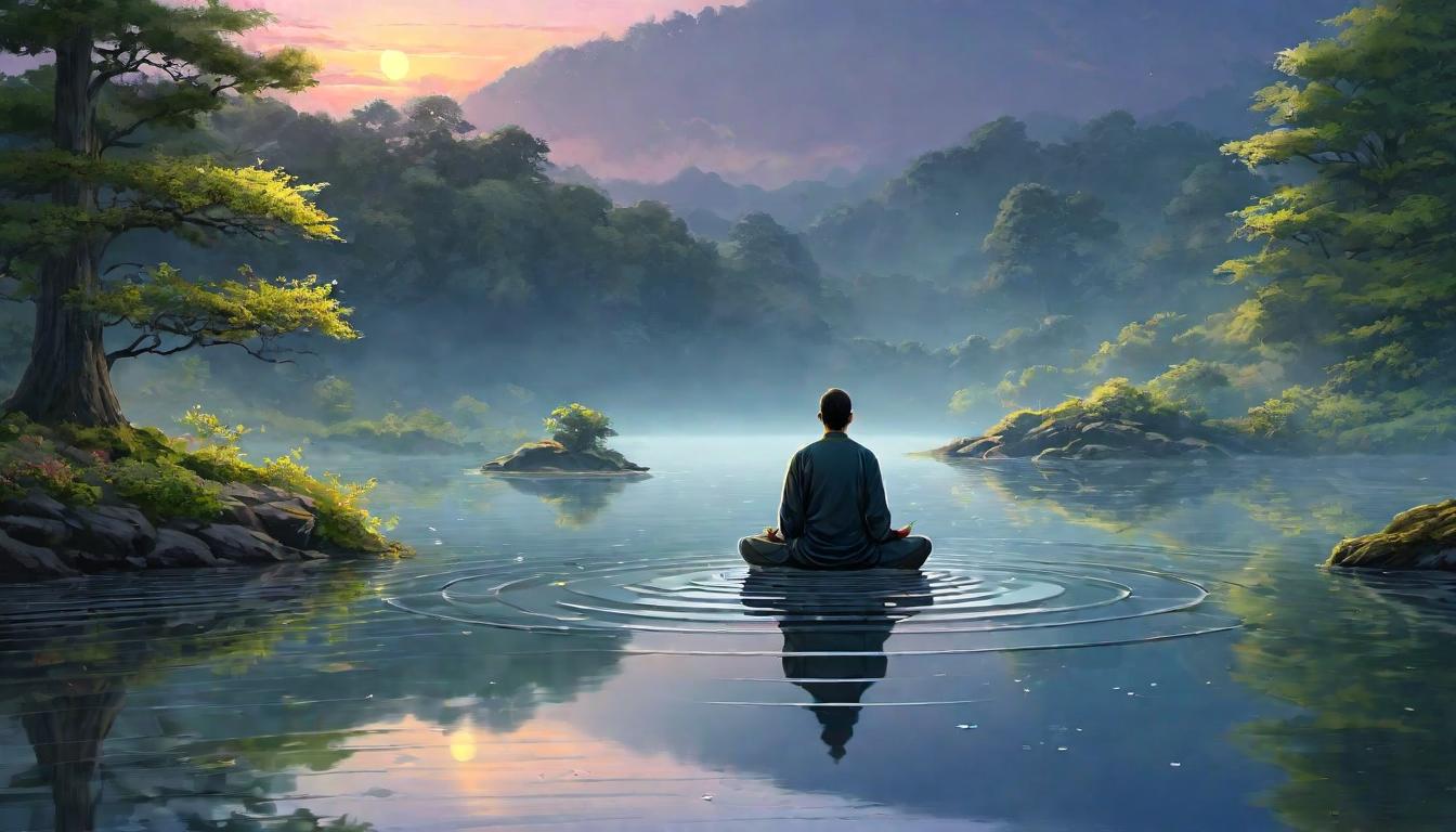  digital illustration, A tranquil scene of a meditating figure, gentle ripples in a pond mirroring the calm, soft twilight lighting, impression of peace and inner clarity, stillness, reflection, looking at viewer, dynamic pose, (intricate details, masterpiece, best quality)