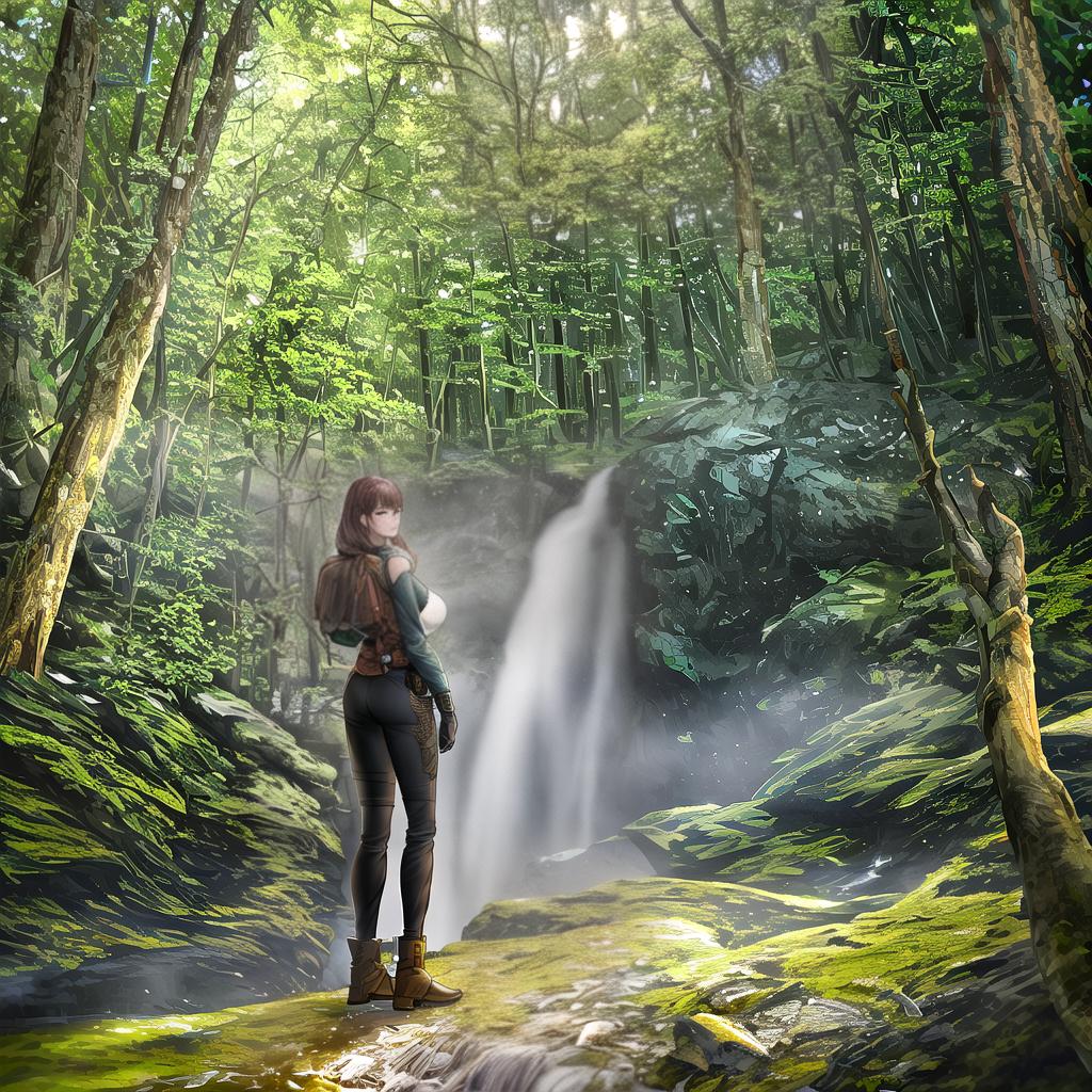   backpacker in woods near waterfall hyperrealistic, full body, detailed clothing, highly detailed, cinematic lighting, stunningly beautiful, intricate, sharp focus, f/1. 8, 85mm, (centered image composition), (professionally color graded), ((bright soft diffused light)), volumetric fog, trending on instagram, trending on tumblr, HDR 4K, 8K