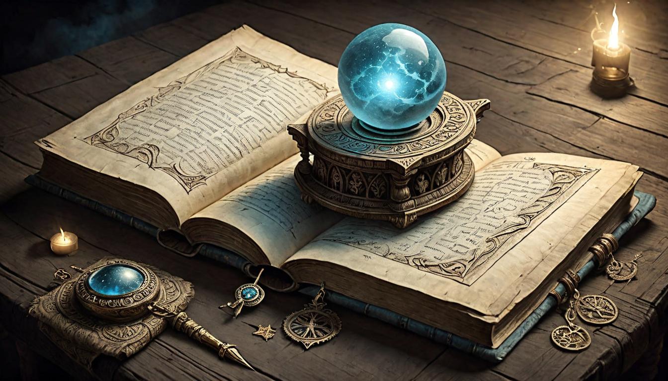  on parchment, surrealism+++, An ancient, worn book with ornate cover, open on a dark wooden table, pages glowing with knowledge, mystical, wise(mysterious, provocative, symbolic,muted color)+++