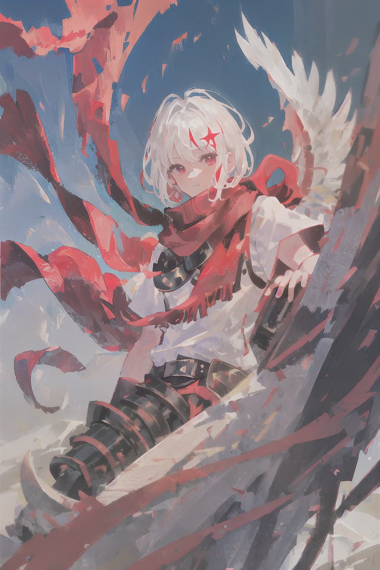  master piece , best quality,White hair, short hair, male, red scarf, black armor, fallen angel