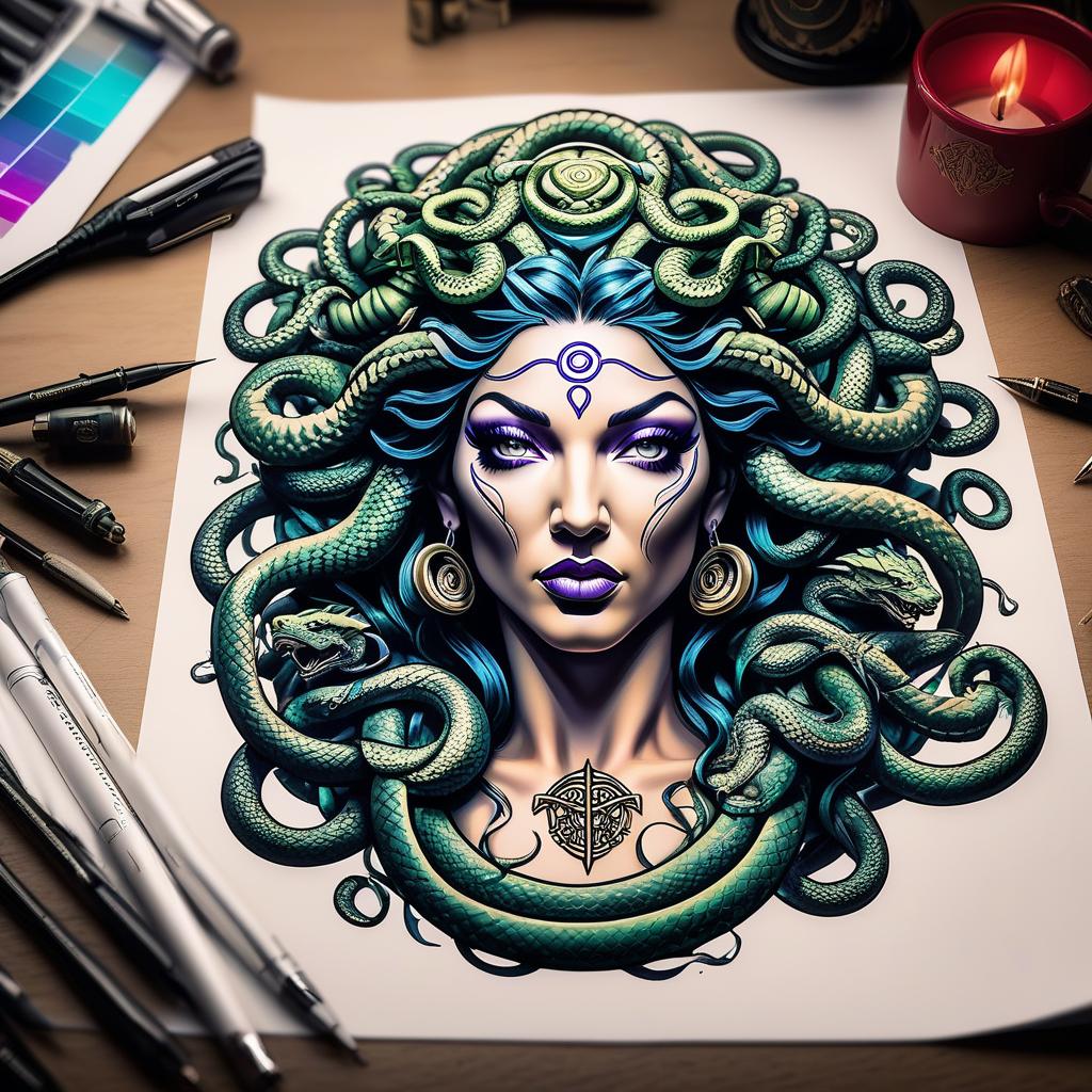  Real estate photography style Medusa Gorgon tattoo sketch neon. . Professional, inviting, well lit, high resolution, property focused, commercial, highly detailed hyperrealistic, full body, detailed clothing, highly detailed, cinematic lighting, stunningly beautiful, intricate, sharp focus, f/1. 8, 85mm, (centered image composition), (professionally color graded), ((bright soft diffused light)), volumetric fog, trending on instagram, trending on tumblr, HDR 4K, 8K