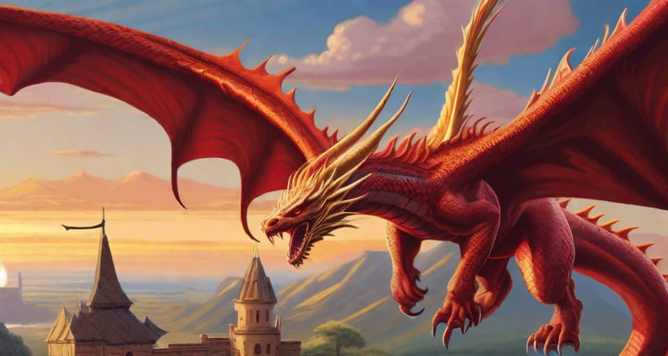  Create a vivid and captivating image of a red and gold dragon soaring high in the sky, with its wings fully extended, showing off its intricate scales and majestic beauty. In the background, show a breathtaking landscape with a castle and a village nestled between rolling hills and mountains, as the dragon prepares to land and bring forth a surge of power and excitement.