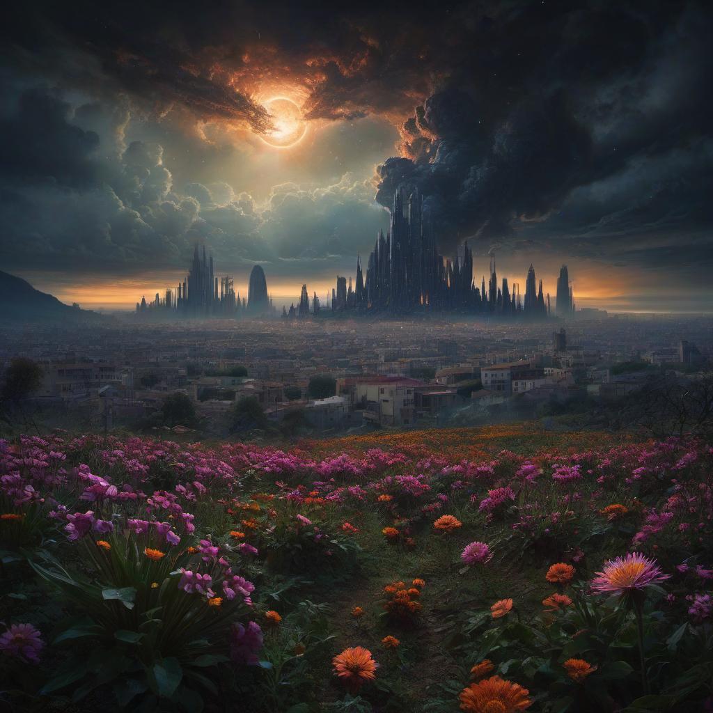  (stylized by Tomasz Alen Kopera:1.3) , dark art, dense flower field and Perseid meteor in background, landscape of a (Barcelona:1.2) , very Bizarre and 1600'S, Hurricane, Glitchcore, Amaro, layered textures, ornate, intricate artistic color, complimentary colors, very inspirational, atmosphere, fine artistic composition, sunny, theatrical hyperrealistic, full body, detailed clothing, highly detailed, cinematic lighting, stunningly beautiful, intricate, sharp focus, f/1. 8, 85mm, (centered image composition), (professionally color graded), ((bright soft diffused light)), volumetric fog, trending on instagram, trending on tumblr, HDR 4K, 8K