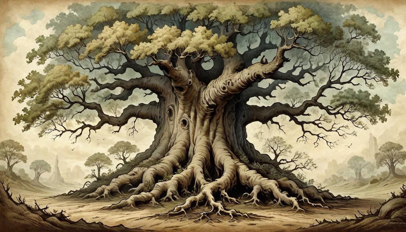  on parchment, surrealism+++, A sturdy oak tree with roots visible above the soil, sprawling deep and wide, endurance, natural stability, unwavering.(mysterious, provocative, symbolic,muted color)+++