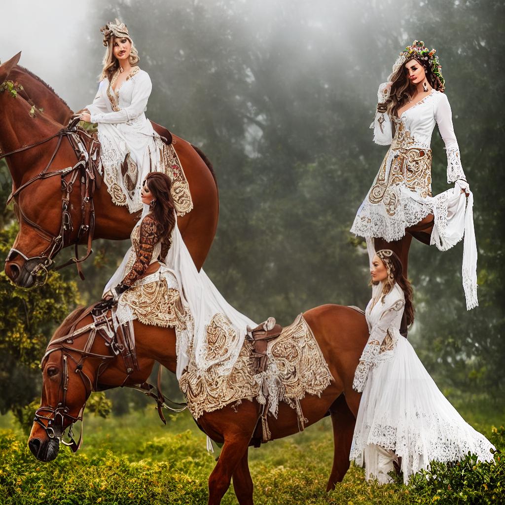  beautiful white woman on horse hyperrealistic, full body, detailed clothing, highly detailed, cinematic lighting, stunningly beautiful, intricate, sharp focus, f/1. 8, 85mm, (centered image composition), (professionally color graded), ((bright soft diffused light)), volumetric fog, trending on instagram, trending on tumblr, HDR 4K, 8K