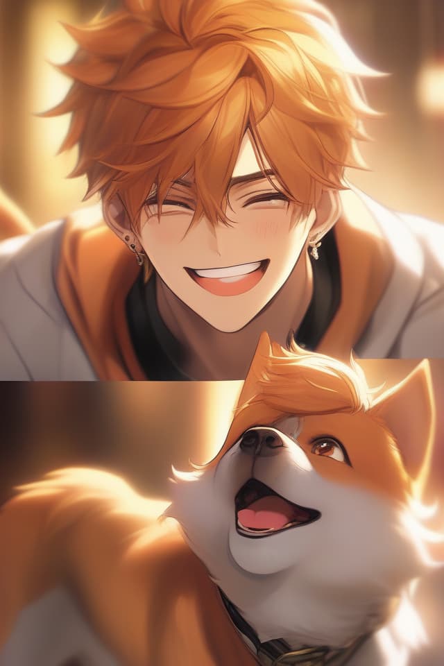  (One handsome guy with a dog ear) Dog Beast, Masterpiece, Handsome, Orange Hair Color, Dog Earred, Kind Smile, Sturdy, HIGH Quality, 8k, 8k,