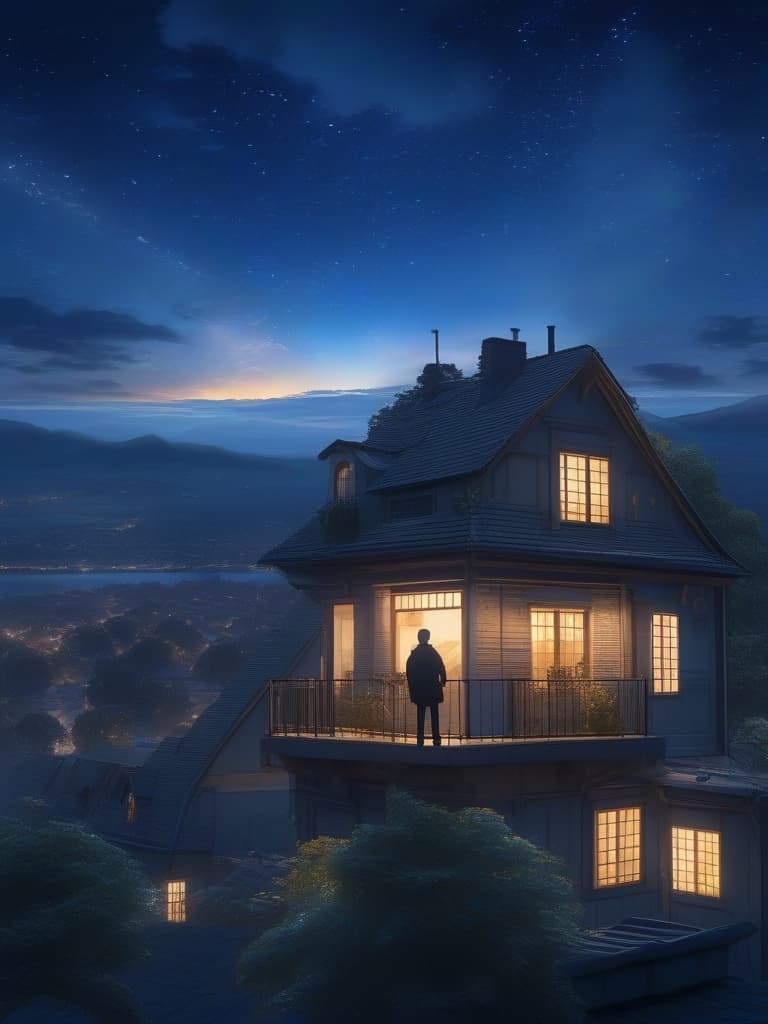  The background is the building, the sky is a starry sky, the sunset is seen a little, a young man looks up at the starry sky, on the roof,, masterpiece, best quality,8k,ultra detailed,high resolution,an extremely delicate and beautiful,hyper detail