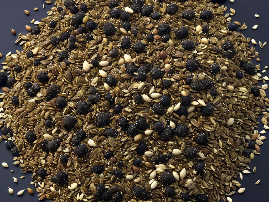  An ultradetailed image of various types of seeds arranged in a visually appealing and organized manner. The image showcases chia seeds, flaxseeds, sunflower seeds, pumpkin seeds, and sesame seeds, each carefully placed in a separate section to highlight their unique shapes and colors. The seeds are neatly arranged on a sleek, matte black surface, creating a striking contrast that emphasizes the natural beauty of the seeds. The lighting is soft yet focused, casting gentle shadows that add depth and dimension to the composition. This minimalist image conveys a sense of precision and elegance while showcasing the diversity and richness of different seed varieties. hyperrealistic, full body, detailed clothing, highly detailed, cinematic lighting, stunningly beautiful, intricate, sharp focus, f/1. 8, 85mm, (centered image composition), (professionally color graded), ((bright soft diffused light)), volumetric fog, trending on instagram, trending on tumblr, HDR 4K, 8K