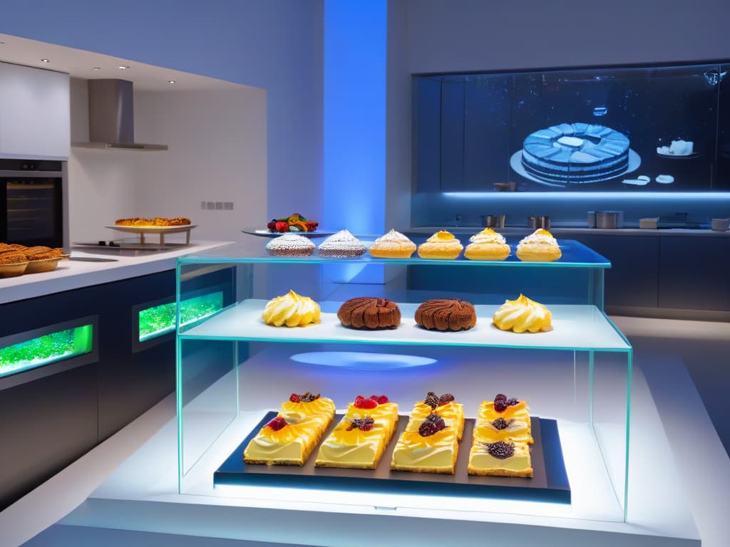  A photorealistic image of a sleek, modern kitchen with a holographic display showcasing intricate digital designs of various pastries and desserts hovering in the air. Advanced augmented reality technology seamlessly integrates with the culinary space, allowing users to interact virtually with the desserts before bringing them to life in the real world. The atmosphere is futuristic, with a blend of traditional baking tools and cuttingedge AR devices creating a visually stunning and inspiring scene for the readers. hyperrealistic, full body, detailed clothing, highly detailed, cinematic lighting, stunningly beautiful, intricate, sharp focus, f/1. 8, 85mm, (centered image composition), (professionally color graded), ((bright soft diffused light)), volumetric fog, trending on instagram, trending on tumblr, HDR 4K, 8K