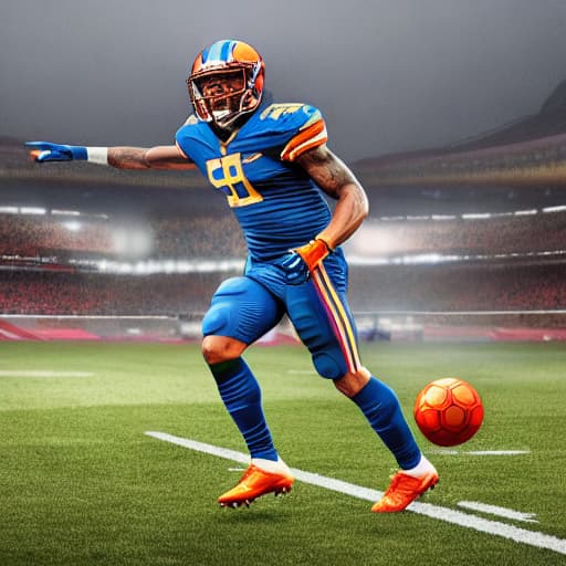  football hyperrealistic, full body, detailed clothing, highly detailed, cinematic lighting, stunningly beautiful, intricate, sharp focus, f/1. 8, 85mm, (centered image composition), (professionally color graded), ((bright soft diffused light)), volumetric fog, trending on instagram, trending on tumblr, HDR 4K, 8K