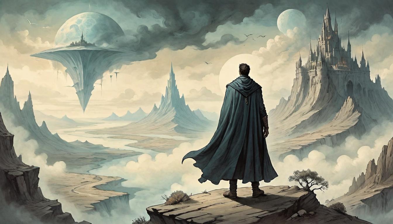  on parchment, surrealism+++, A lone figure standing on a peak, cloak billowing in the wind, looking out over uncharted territories, herald of progress, boundary pusher, undaunted by the unknown, architect of the future(mysterious, provocative, symbolic,muted color)+++