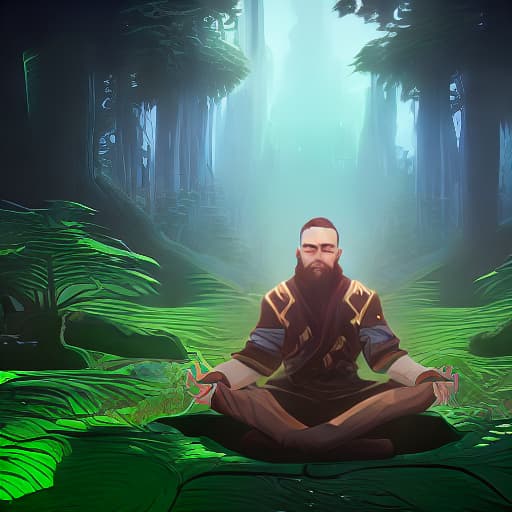 arcane style A wizard sitting in a meditative position in a forest with nature and animals surrounding him,hes reaching enlightenment with hes higher self