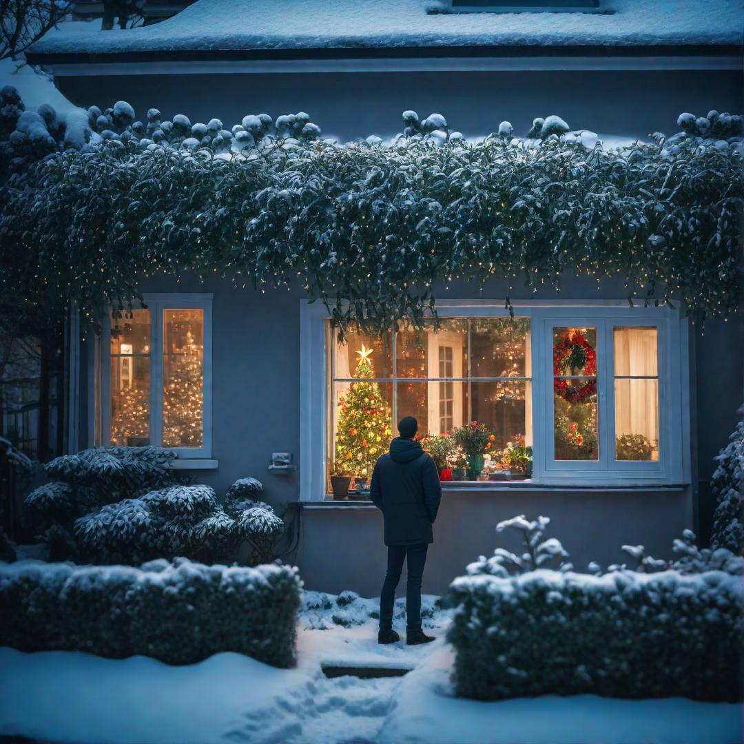  A teenagers looking his garden by the window of his house. Inside the house we can see christmas light. In garden the snow melts hyperrealistic, full body, detailed clothing, highly detailed, cinematic lighting, stunningly beautiful, intricate, sharp focus, f/1. 8, 85mm, (centered image composition), (professionally color graded), ((bright soft diffused light)), volumetric fog, trending on instagram, trending on tumblr, HDR 4K, 8K