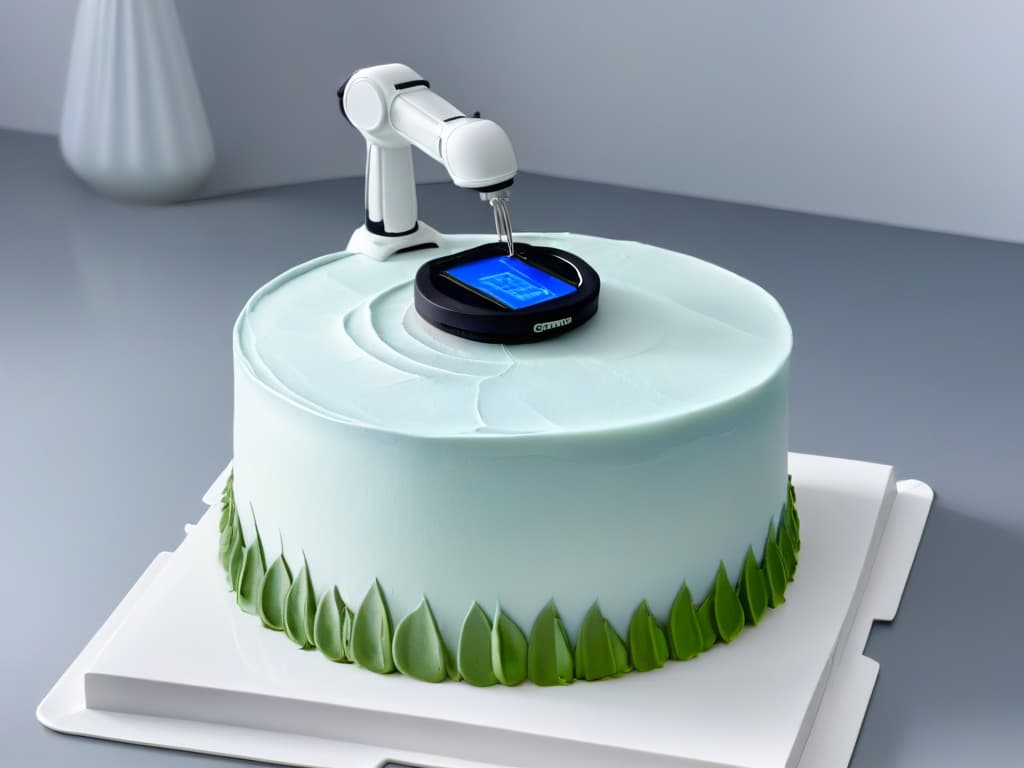  A sleek, minimalistic image of a stateoftheart robotic arm delicately piping intricate designs on a perfectly frosted cake, surrounded by advanced kitchen gadgets like precision scales and automated mixers, all against a backdrop of a modern, hightech bakery setting with clean lines and subtle lighting. hyperrealistic, full body, detailed clothing, highly detailed, cinematic lighting, stunningly beautiful, intricate, sharp focus, f/1. 8, 85mm, (centered image composition), (professionally color graded), ((bright soft diffused light)), volumetric fog, trending on instagram, trending on tumblr, HDR 4K, 8K