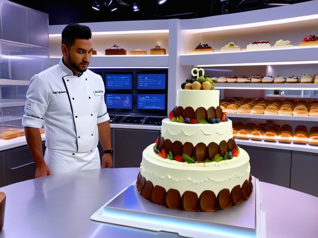  A photorealistic image of a professional pastry chef in a modern kitchen, surrounded by holographic augmented reality screens displaying intricate cake designs and interactive baking tutorials. The chef is focused and inspired, using cuttingedge AR technology to enhance their pastrymaking skills, showcasing a futuristic approach to the culinary arts. hyperrealistic, full body, detailed clothing, highly detailed, cinematic lighting, stunningly beautiful, intricate, sharp focus, f/1. 8, 85mm, (centered image composition), (professionally color graded), ((bright soft diffused light)), volumetric fog, trending on instagram, trending on tumblr, HDR 4K, 8K