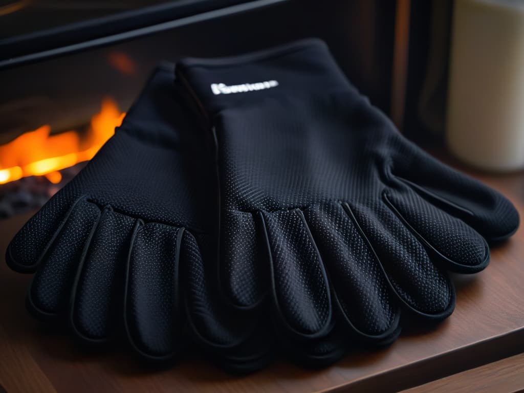  A photorealistic image of a pair of sleek black oven gloves made from highquality heatresistant material, featuring a stylish and modern design with a subtle textured pattern. The gloves are shown in a professional kitchen setting, with soft lighting highlighting the intricate stitching and durable construction, exuding both style and safety for the user. hyperrealistic, full body, detailed clothing, highly detailed, cinematic lighting, stunningly beautiful, intricate, sharp focus, f/1. 8, 85mm, (centered image composition), (professionally color graded), ((bright soft diffused light)), volumetric fog, trending on instagram, trending on tumblr, HDR 4K, 8K