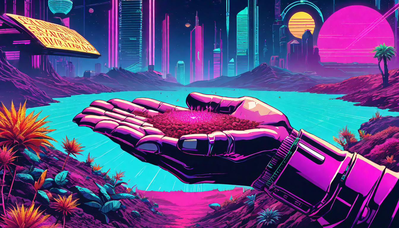  vaporwave,cyberpunk game style A hand sowing seeds into barren earth, volunteering for rejuvenation, hopeful planting, seeds of change, nurturing the neweon, dystopian, futuristic, digital, vibrant, detailed, high contrast, reminiscent of cyberpunk genre video games,retro aesthetic, cyberpunk, vibrant, neon colors, vintage 80s and 90s style, highly detailed