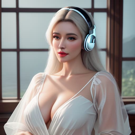  analog style, best quality, gorgeous young Swiss sitting by window with headphones on, wearing white with translucent shirt over, soft lips, beach hair, octane render, unreal engine, photograph, realistic skin texture, photorealistic, hyper realism, highly detailed, 85mm portrait photography, award winning, hard rim lighting photography hyperrealistic, full body, detailed clothing, highly detailed, cinematic lighting, stunningly beautiful, intricate, sharp focus, f/1. 8, 85mm, (centered image composition), (professionally color graded), ((bright soft diffused light)), volumetric fog, trending on instagram, trending on tumblr, HDR 4K, 8K