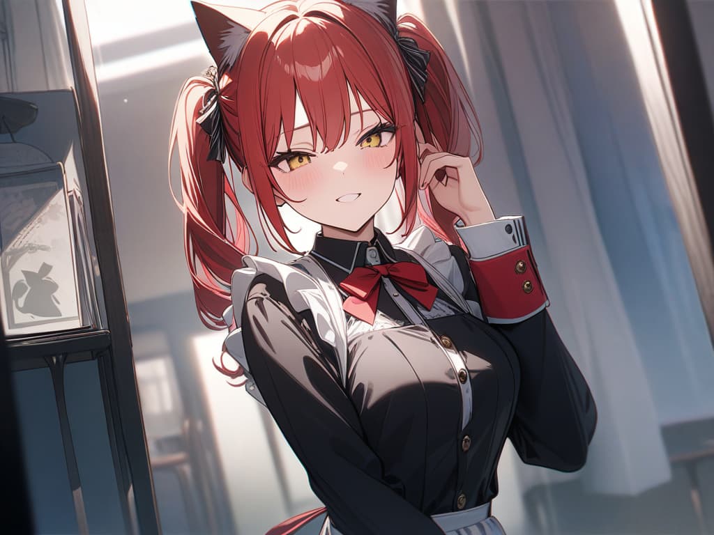  Red hair, hanging, twin tail, green, double tooth, wink, blazer, cat ear, maid clothes, masterpiece, best quality,8k,ultra detailed,high resolution,an extremely delicate and beautiful,hyper detail