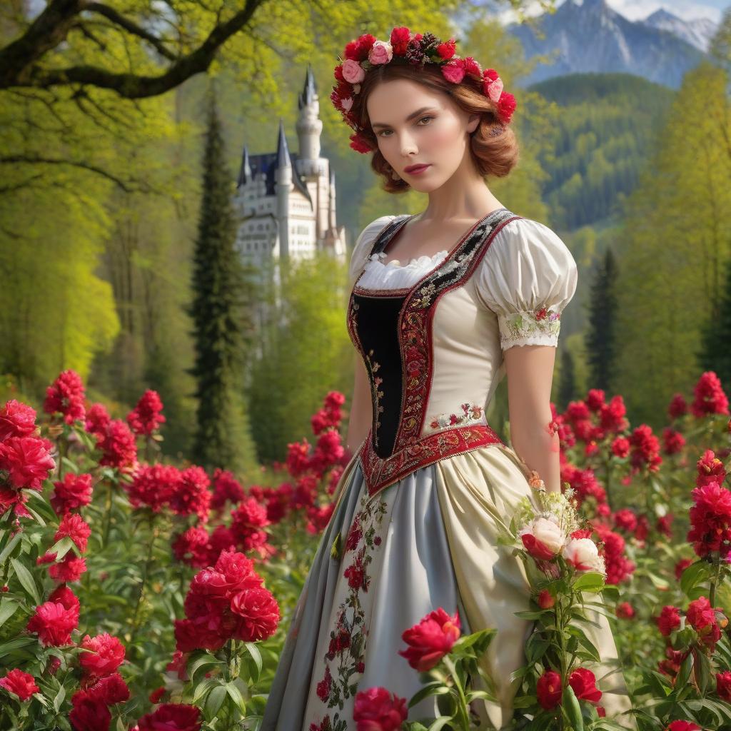  Neuschwanstein. ((Sparkling rim)): spring field, hyacinths, roses, rosehips, rose hips, peonies, cherry tree, yellow, red, black flowers, forget me nots. hyperrealistic, full body, detailed clothing, highly detailed, cinematic lighting, stunningly beautiful, intricate, sharp focus, f/1. 8, 85mm, (centered image composition), (professionally color graded), ((bright soft diffused light)), volumetric fog, trending on instagram, trending on tumblr, HDR 4K, 8K