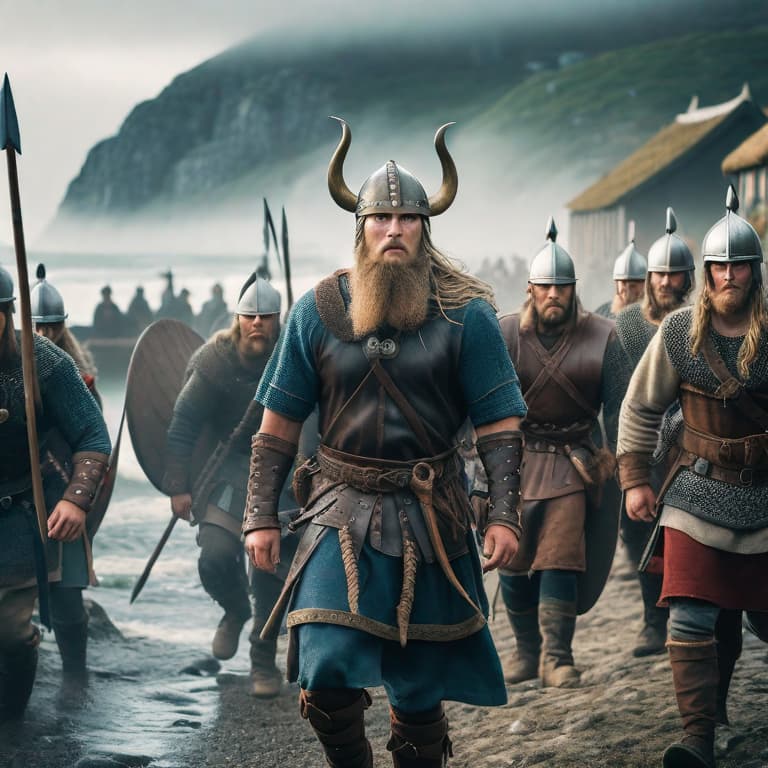  Viking warriors raiding a coastal village hyperrealistic, full body, detailed clothing, highly detailed, cinematic lighting, stunningly beautiful, intricate, sharp focus, f/1. 8, 85mm, (centered image composition), (professionally color graded), ((bright soft diffused light)), volumetric fog, trending on instagram, trending on tumblr, HDR 4K, 8K