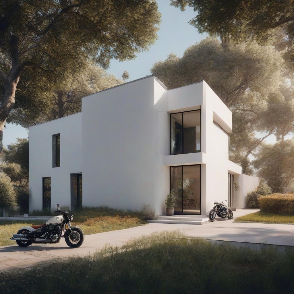  A white minimalist house with a flat roof and dark windows, near the house a chopper motorcycle. hyperrealistic, full body, detailed clothing, highly detailed, cinematic lighting, stunningly beautiful, intricate, sharp focus, f/1. 8, 85mm, (centered image composition), (professionally color graded), ((bright soft diffused light)), volumetric fog, trending on instagram, trending on tumblr, HDR 4K, 8K