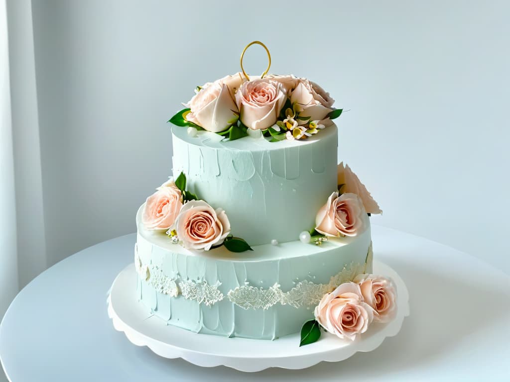  An elegant display of a tiered wedding cake with intricate white lace detailing, adorned with fresh blush pink roses and delicate greenery, set against a simple white background. hyperrealistic, full body, detailed clothing, highly detailed, cinematic lighting, stunningly beautiful, intricate, sharp focus, f/1. 8, 85mm, (centered image composition), (professionally color graded), ((bright soft diffused light)), volumetric fog, trending on instagram, trending on tumblr, HDR 4K, 8K