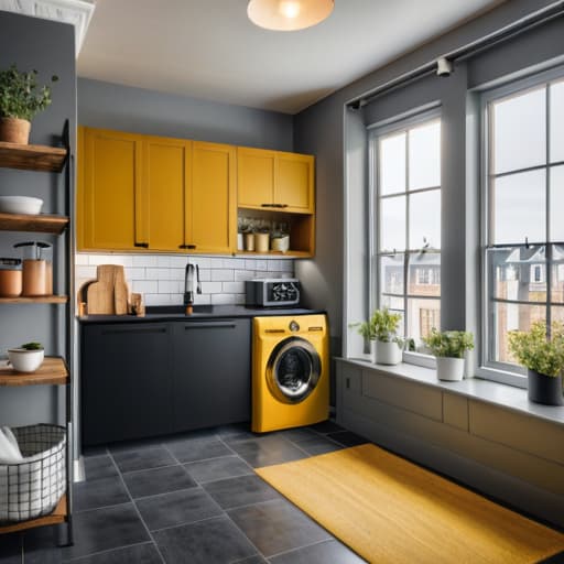  A modern kitchen with mustard yellow cabinets, black countertops, and gray floor tiles. Includes a washing machine, gas stove, white subway tile backsplash, wooden shelves, and plentiful natural light from the black framed window, Cinematic photo, highly detailed, cinematic lighting, ultra detailed, ultrarealistic, photorealism, 8k.  hyperrealistic, full body, detailed clothing, highly detailed, cinematic lighting, stunningly beautiful, intricate, sharp focus, f/1. 8, 85mm, (centered image composition), (professionally color graded), ((bright soft diffused light)), volumetric fog, trending on instagram, trending on tumblr, HDR 4K, 8K