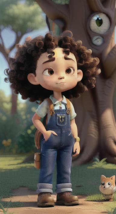  {Riley standing under the tree with eyes closed, making the wish., Riley, a curious with big brown eyes and curly hair, wearing overalls and carrying a small backpack. Their friend, Skye, a bluebird with shiny feathers.