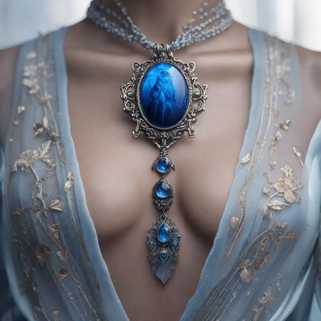  blue nightmare necklace without carrier hyperrealistic, full body, detailed clothing, highly detailed, cinematic lighting, stunningly beautiful, intricate, sharp focus, f/1. 8, 85mm, (centered image composition), (professionally color graded), ((bright soft diffused light)), volumetric fog, trending on instagram, trending on tumblr, HDR 4K, 8K