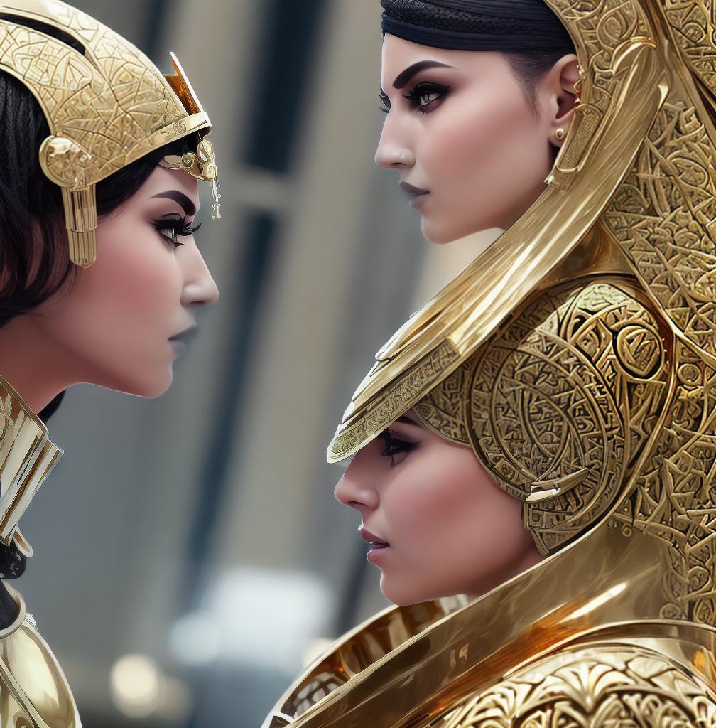  ((Side view:1.8)), ((masterpiece)),(((best quality))), ((futuristic empress, mature face, ((middle eastern eyes:1.4)), ((gold futuristic gown)), (((intricate futuristic breastplate))),