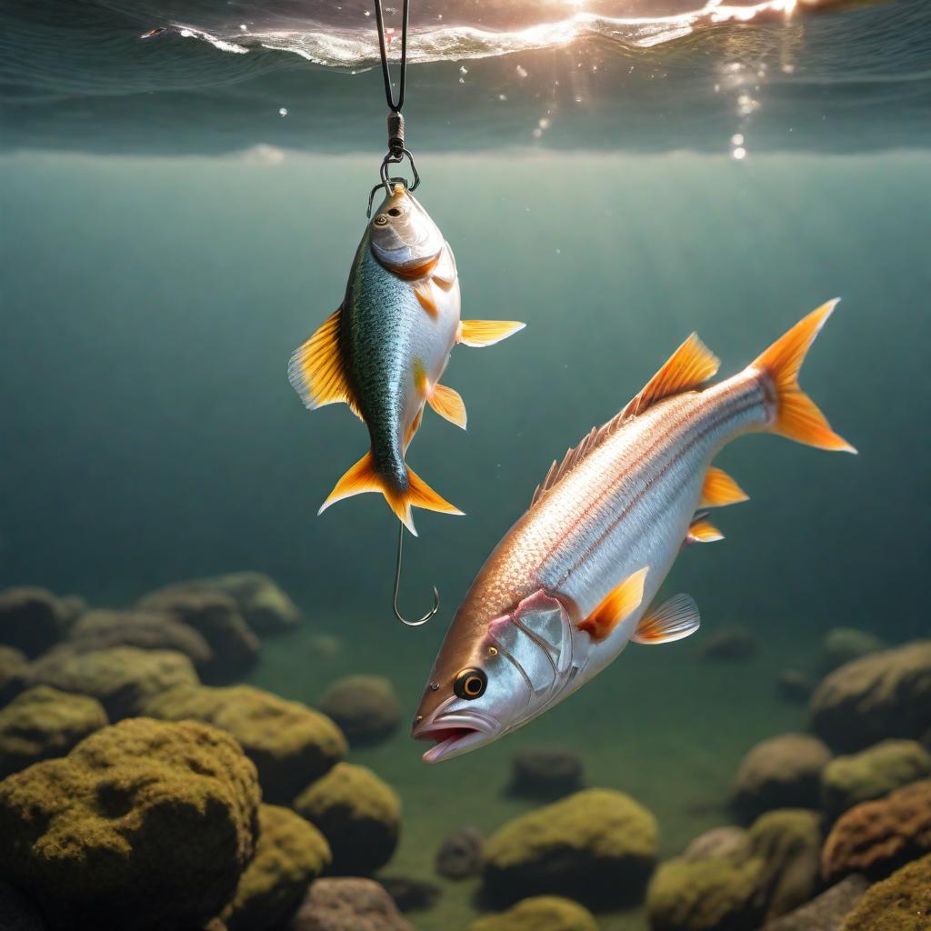  An outdoor scene featuring a successful fish catch. A fish is hanging on the end of a fishing line above a body of water, indicating a sunny day. The perspective appears to be from a boat, with part of the boat's edge visible in the lower part of the image. There's a small cup with liquid on the boat's edge. The overall mood should appear relaxed and pleasant, capturing a day of leisure fishing. hyperrealistic, full body, detailed clothing, highly detailed, cinematic lighting, stunningly beautiful, intricate, sharp focus, f/1. 8, 85mm, (centered image composition), (professionally color graded), ((bright soft diffused light)), volumetric fog, trending on instagram, trending on tumblr, HDR 4K, 8K