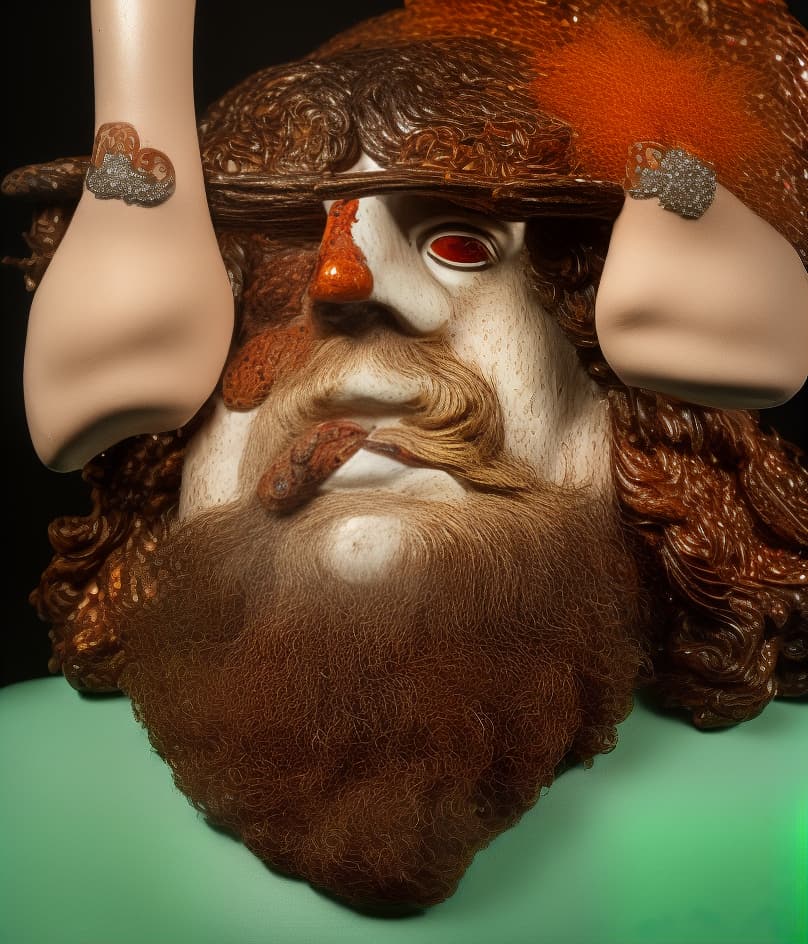  PHOTOGRAPH of a bright, Colorful and Shiny (((Meissen Porcelain HEAD OF HOLOFERNES))) with a (((GLITTERY BEARD))), TWO HANDS, FINGERS (((sculptural Porcelain hair))) looking at the viewer, on a black background, Stunning Masterpiece, Wide angle, 3:2 aspect radio, with perfect expression and facial structure, LARGE EYES, in the style of FRAGONARD, ultra sharp focus, 8k, big dark eyes, closed mouth, (((45 degree light))),  hyperrealistic, full body, detailed clothing, highly detailed, cinematic lighting, stunningly beautiful, intricate, sharp focus, f/1. 8, 85mm, (centered image composition), (professionally color graded), ((bright soft diffused light)), volumetric fog, trending on instagram, trending on tumblr, HDR 4K, 8K