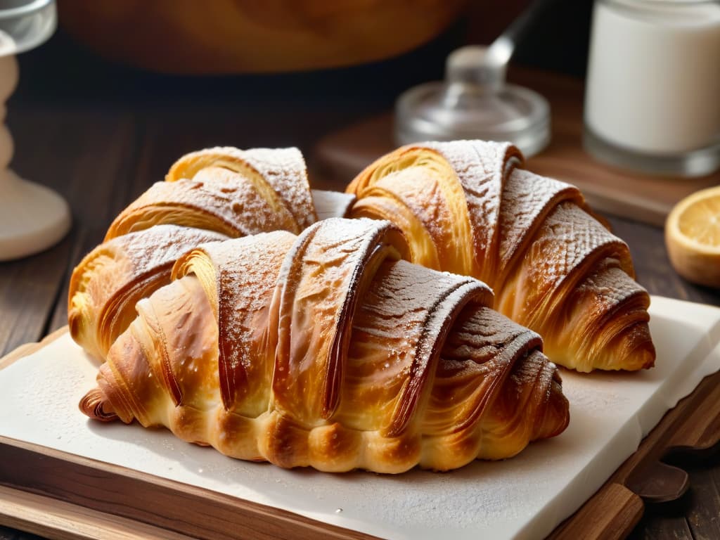  A closeup, ultradetailed image of a perfectly goldenbrown croissant, freshly baked and steaming, with delicate flaky layers visible and a sprinkle of powdered sugar on top, set on a rustic wooden table against a soft, blurred background of a bustling bakery kitchen. hyperrealistic, full body, detailed clothing, highly detailed, cinematic lighting, stunningly beautiful, intricate, sharp focus, f/1. 8, 85mm, (centered image composition), (professionally color graded), ((bright soft diffused light)), volumetric fog, trending on instagram, trending on tumblr, HDR 4K, 8K