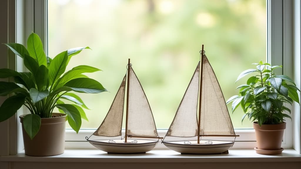  good quality, high quality, a serene display of decorative sailboats and lush plants, creating a peaceful coastal ambiance for interior decor.