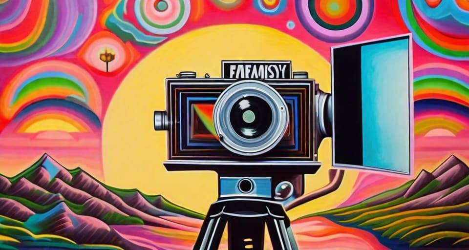  traditional oil on canvas painting, fantasy art, hand crank movie camera with dream like (((old film print))) poring out around the screen, vivid colours, bright, cheerful and magical