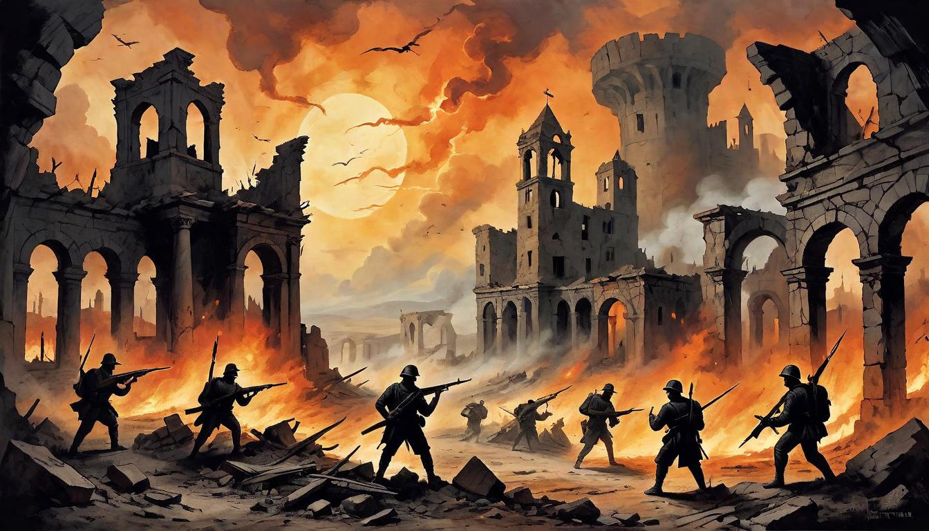  on parchment, surrealism+++, Chaotic dance of opposing forces, soldiers in silhouette against a backdrop of broken ruins and fiery skies, visual metaphor for conflict and upheaval(mysterious, provocative, symbolic,muted color)+++