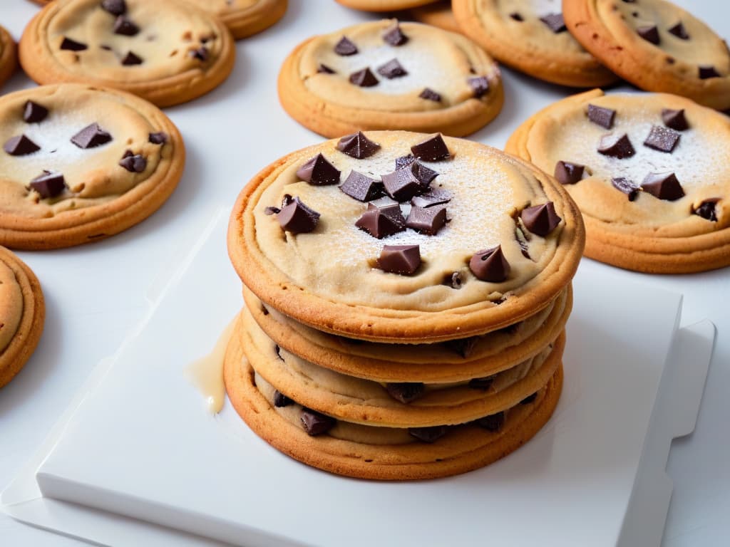  An ultradetailed, closeup image of a freshly baked chocolate chip cookie with gooey chocolate chunks oozing out, set against a stark white backdrop to emphasize its warm, inviting texture and rich indulgence. hyperrealistic, full body, detailed clothing, highly detailed, cinematic lighting, stunningly beautiful, intricate, sharp focus, f/1. 8, 85mm, (centered image composition), (professionally color graded), ((bright soft diffused light)), volumetric fog, trending on instagram, trending on tumblr, HDR 4K, 8K