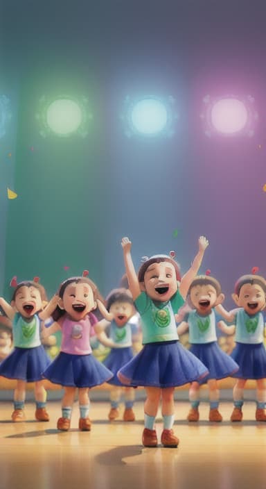  {Children singing and dancing with wide smiles and musical notes floating around them., Kids joyfully dancing and singing, showing their energy and happiness.