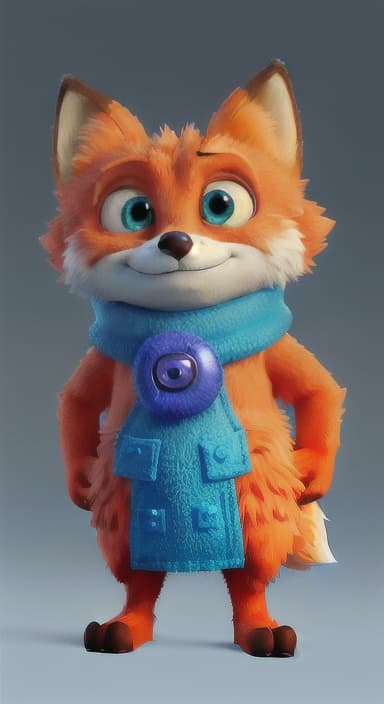  {Error the fox pressing the blue button with his paw, looking puzzled as nothing occurs., Error is a small, bright orange fox with a fluffy tail and big, inquisitive eyes. He has a mischievous yet kind expression and wears a tiny green scarf.