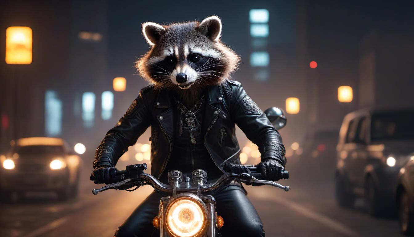  horror themed cinematic still, anthropomorphic raccoon skeleton on motorcycle, skull on fire, detailed face, close up, speed blur effect, dynamic angle, leather biker attire, glowing fiery eyes, chrome bike details, neon streaks, night cityscape, motion blur lights, intense expression . eerie, unsettling, dark, spooky, suspenseful, grim, highly detailed hyperrealistic, full body, detailed clothing, highly detailed, cinematic lighting, stunningly beautiful, intricate, sharp focus, f/1. 8, 85mm, (centered image composition), (professionally color graded), ((bright soft diffused light)), volumetric fog, trending on instagram, trending on tumblr, HDR 4K, 8K