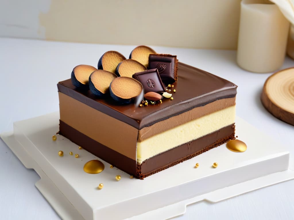  An elegant, minimalistic image of a perfectly sliced Opera Cake on a pristine white plate, showcasing the intricate layers of chocolate ganache, almond sponge, and coffee buttercream. The cake is garnished with delicate gold leaf and a single espresso bean, with a dusting of cocoa powder on the plate, all set against a clean, modern backdrop. hyperrealistic, full body, detailed clothing, highly detailed, cinematic lighting, stunningly beautiful, intricate, sharp focus, f/1. 8, 85mm, (centered image composition), (professionally color graded), ((bright soft diffused light)), volumetric fog, trending on instagram, trending on tumblr, HDR 4K, 8K