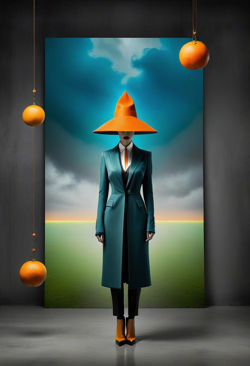  surrealist art orange mood. style of Gabriel Pacheco. minimalism. surrealism. photographic. strange. mystique. professional photography. mix of styles. gray+blue+green+beige color. aesthetics. high quality. 8k. . dreamlike, mysterious, provocative, symbolic, intricate, detailed hyperrealistic, full body, detailed clothing, highly detailed, cinematic lighting, stunningly beautiful, intricate, sharp focus, f/1. 8, 85mm, (centered image composition), (professionally color graded), ((bright soft diffused light)), volumetric fog, trending on instagram, trending on tumblr, HDR 4K, 8K