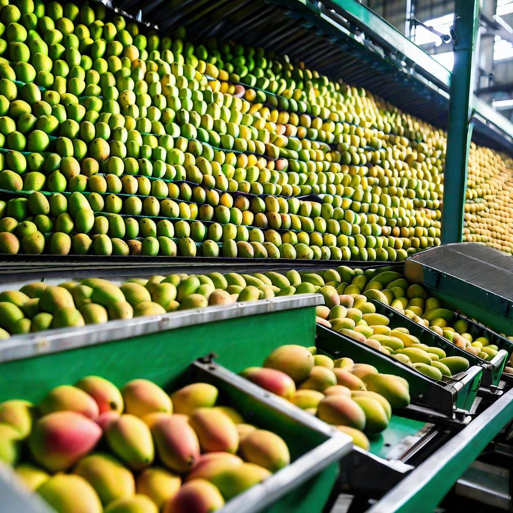  mangoes s in a conveyor belt in a factory