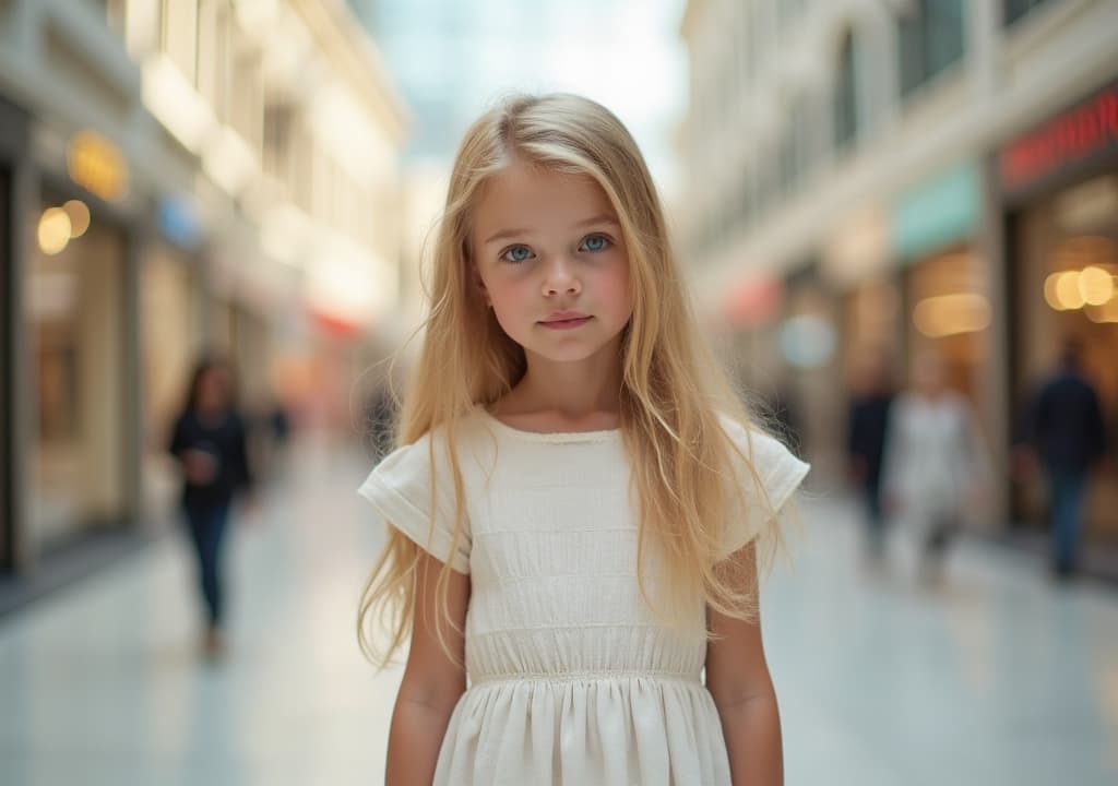  good quality, high quality, a old tween girl standing, long blonde hair, blue eyes, wearing a white , extreme realistic, delicate, cute, adorable, ultra realistic skin, extremely realistic, scenery, front view, mall background, body focus