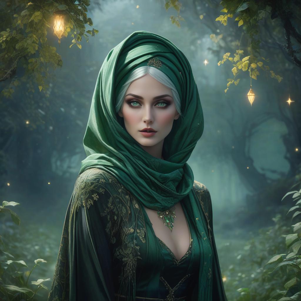  gothic style In a garden of emerald, a vision serene, A lady in green, a living dream. A headscarf of jade, gracefully tied, Like nature's embrace, where beauty resides. Her eyes, deep pools of verdant grace, Reflect the hues of a tranquil space. In shades of moss, her attire weaves, A tapestry of calm, like rustling leaves. mystical watercolor painting girl with deep green eyes, green head scarf and shawl, at mysticaldark deep dark black night, full moon, stars, flow, watercolor, detailed matte painting, deep color, fantastical, intricate detail, splash screen, complementary colors, fantasy concept art, 8k resolution trending on Artstation Unreal Engine 5 . dark, mysterious, haunting, dramatic, ornate, detailed hyperrealistic, full body, detailed clothing, highly detailed, cinematic lighting, stunningly beautiful, intricate, sharp focus, f/1. 8, 85mm, (centered image composition), (professionally color graded), ((bright soft diffused light)), volumetric fog, trending on instagram, trending on tumblr, HDR 4K, 8K