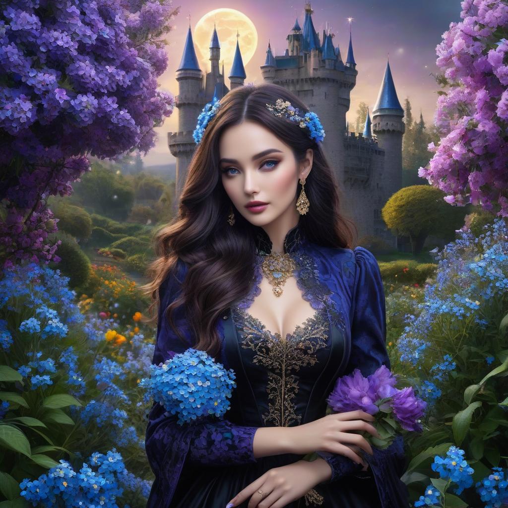  Gothic castle. Flying saucer. Space, fantasy. Purple, blue, silver colors. Moon. The girl in the gold dress. A very pretty girl. Garden of Eden. Rain. Fairy tale blue eyed eagle. Fairy tale blue eyed eagle. ((Sparkling rim)): spring field, hyacinths, roses, rosehips, rose hips, peonies, cherry tree, yellow, red, black flowers, forget me nots. Clear eyes hyperrealistic, full body, detailed clothing, highly detailed, cinematic lighting, stunningly beautiful, intricate, sharp focus, f/1. 8, 85mm, (centered image composition), (professionally color graded), ((bright soft diffused light)), volumetric fog, trending on instagram, trending on tumblr, HDR 4K, 8K